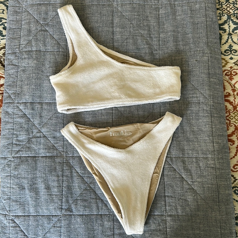 Frankie’s Bikini One Shoulder Asymmetrical White 2-piece Swim Suit Set